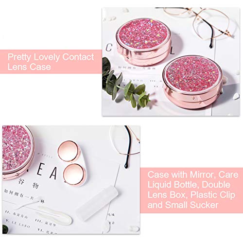 Cute Fashion Contact Lens Case, Color Sparkles Contact Lens Care Vision Care Nobleness Contact Lens Cases Kit with Mirror, Tweezers, Stick Connection, Keep Contact Lens from Drying (Pink) - Thumbnail 6