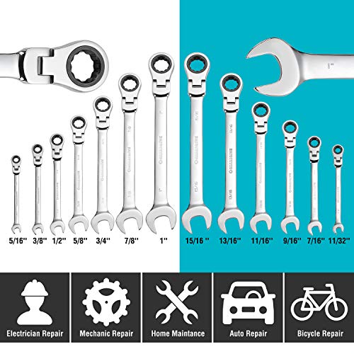 GEARDRIVE Flex-Head Ratcheting Combination Wrench Set, SAE, 13-piece, 5/16'' to 1'', Chrome Vanadium Steel Construction with Rolling Pouch
