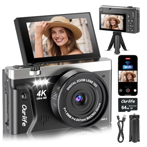 Ourlife 4K 75MP Digitalkamera für Fotografie mit Stativ, 2026 verbesserte WiFi-Vlogging-Kamera für YouTube mit 7,6 cm (3 Zoll) 180° Flip-Bildschirm, 18-facher Zoom, Fülllicht, kompakte Vlog-Kamera für