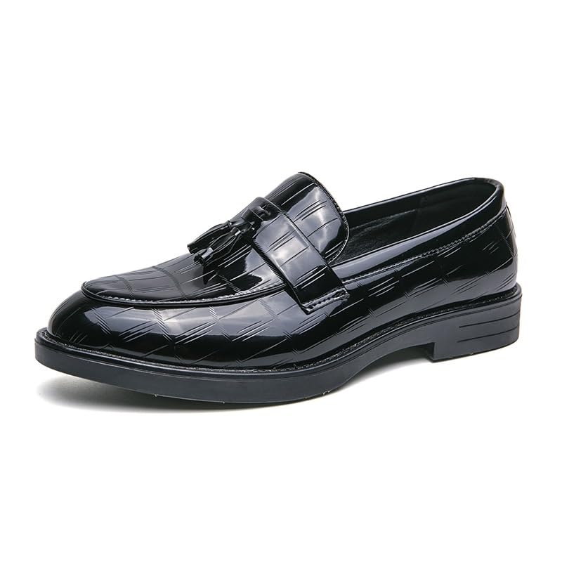 Formal Shoes for Men Slip On Round Burnished Toe PU Leather with Tassel Loafer Shoes Block Heel Slip Resistant Low Top Rubber Sole Non Slip Outdoor