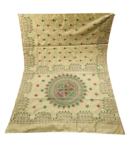 Image of SHRISTI CLOTHINGS Women's Hand Embroidered Cotton Silk Kantha Stitch Saree with Blouse Piece (J420824 BEIGED63)