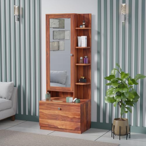 Image of Krishna Wood Decor Sheesham Wood Dressing Table with Mirror, 175 x 44 x 40 cm, Single Door, Storage Drawer, Brown (Honey Finish)