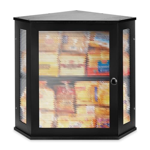 NewEle Large Corner Bread Bin - Bamboo Storage Box for Kitchen Counters, Spacious Bread Organiser with Wavy Acrylic Window (Black)
