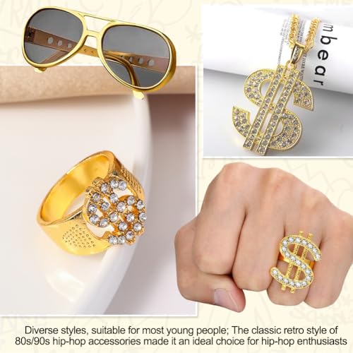 Hip Hop Rapper Costume Set, 6 Pcs Hip Hop Costume Kit, Golden 80s/90s Hip Hop Fancy Dress Accessories, Fake Dollar Sign Necklace, Golden Sunglasses,Bracelet, Black Fisherman's Hat for Carnival Party - Image 3