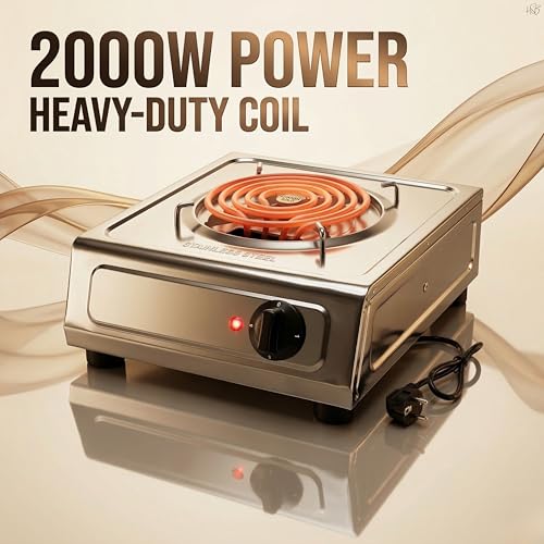 Image of Drumstone 2000W Stainless Steel Electric G Coil Cooktop | Radiant Hot Plate with Rotary Temperature Control | Heavy Duty Single Burner Stove, Chrome Finish, Compatible with All Metal Cookware