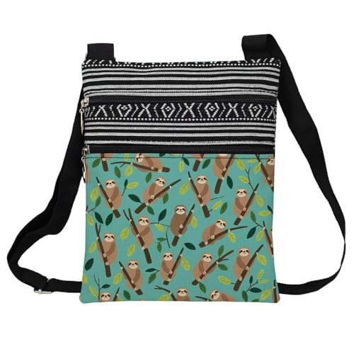 Green Sloth Messenger Bag Small Ethnic Pattern Adjustable Strap Crossbody Zipper Pouch Green Sloth Phone Organizer Wallet Cute Shoulder Handbag for Women Friends - Main Image