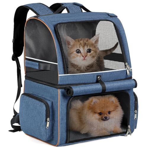 Lekespring Zaino 2 Gatti a Doppio Strato per 2 Gatti,Zaino per Cani Grande,Trasportino per Gatti Domestici Pieghevole,Adatto per Cani e Gatti Fino a 11 kg - per Passeggio,Viaggio,Trekking,Blu
