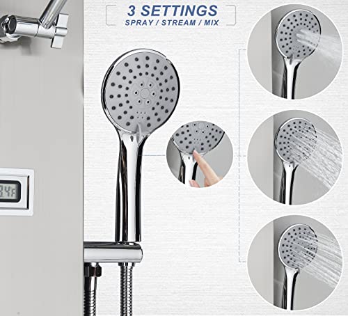 Fcoteeu Shower Panel Tower Rainfall Shower Head Adjustable With 3 Modes Handheld Shower 2 Body Jets Areas Mixer Taps Temperature Display Shower Unit System, Brushed Nickel #TOP4