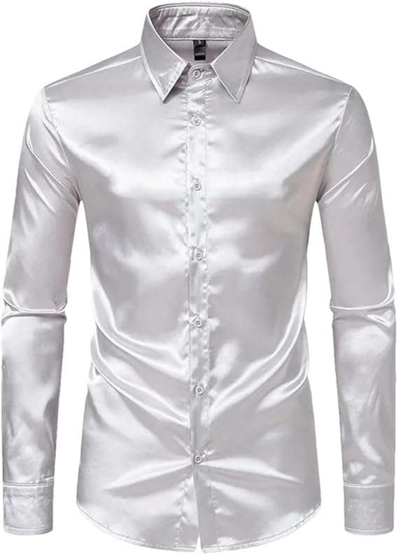 Uomo Camicia Casual Finta Seta Raso Lucido Top Con Bottoni Slim Performance - Foto 2