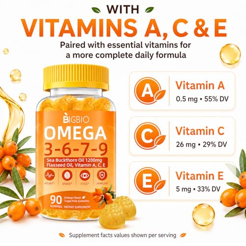 Omega 3-6-7-9 Gummies, Organic Sea Buckthorn Oil 1200MG & Flaxseed Oil 500MG, Vegan Omega 7 Supplement w/Vitamin A, C, E, Fatty Acids, No Fish Taste, Supports Skin, Eye, Immune, Brain Health, 90 Cts — view 5