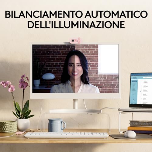 Brio 100 Full HD per riunioni e streaming, bilanciamento automatico illuminazione, microfono integrato, copriobiettivo, USB-A per Microsoft Teams, Google Meet, Zoom ecc - Rosa - Webcam - Immagine 2