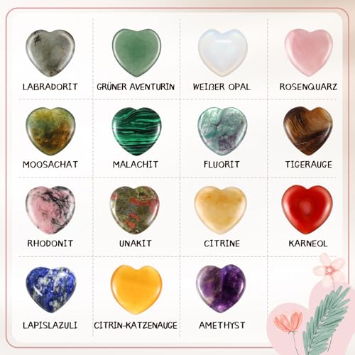 Jetec 15 Stück Glückssteine mit Bedeutung Karte im Organzasäckchen Bunte Herzen Steine Set Heilsteine Mutstein Schutzstein Glücksbringer Geschenk