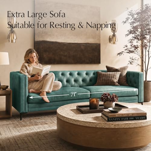 Image of HULALA HOME 84 inch W Faux Leather Sofa Couch with Metal Legs, Button-Tufted 3-Seater Sofa, Mid Century Modern Contemporary Upholstered Couch for Living Room, Entertainment Area, Apartment,Green