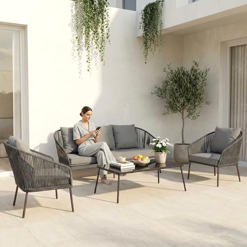 Image of OUTLIVING Outdoor Sofa Set | Balcony Sofa | Patio Furniture Sets | Conversation Sets | Braid & Rope Garden (5 Seater- Grey.)
