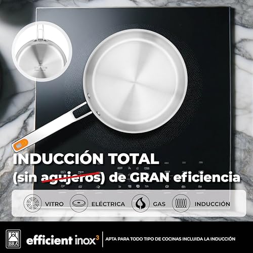 Miniatura 3 de Bra Efficient Inox Wok 28 Cm, Tricapa Interior Acero Inox 18 10 Interior Aluminio Exterior Acero Inox 18 0 Magnético , Apta Para Inducción, Sin Antiadherente, Mango Remachado