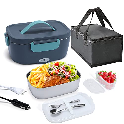 HOLDRUBY Electric Lunch Box, Portable 75W Food Heater for Car Truck Home Office 12/24/110-220V, Fast Heating Food Warmer for Adults, 1.5L 304 Stainless Steel Container with Fork Spoon and Bag