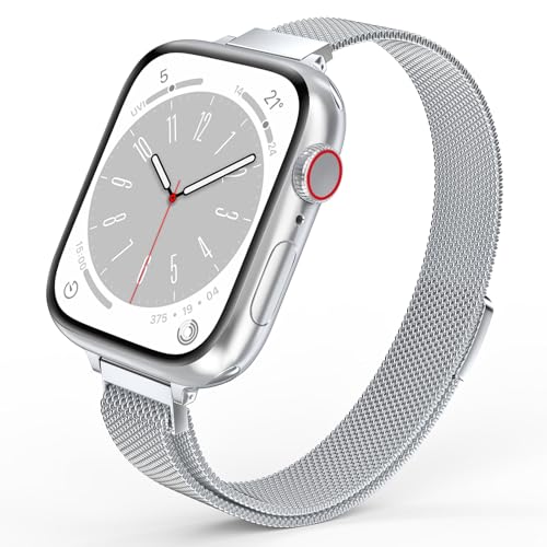 Image of Compatible with Apple Watch Band, Stainless Steel Slim & Thin Mesh Magnetic Clasp Strap Women and Girl Replacement Band for iWatch Series SE 6 5 4 3 2 1 (38mm /40mm /41mm, Silver)