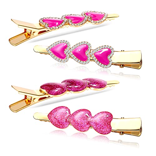 Valentine’s Day Hair Clips Sparkly Rhinestone Enamel Cupid Heart Hairpins for Women Girls Sweet Romantic Triple Love Alligator Clips Barrettes Pretty Styling Hair Accessory Party Gifts (4 packs)