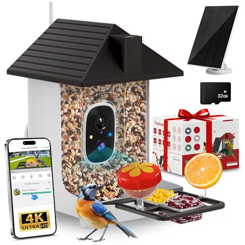 Smart Bird Feeder with Camera,5200mAh Battery with Solar Panel, 4K Native Resolution Live View, AI Species Identification, Auto Capture & Instant Arrival Alert, Ideal Gift for Bird Lovers (Dark Grey)