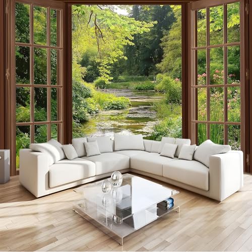 Art Papel Tapiz Fotográfico Arroyo del bosque fuera la ventana Papel Pintado no Tejido 300x210 cm Lana Decoración De Pared Sala Cuarto Póster Mural para Sala de estar Dormitorio Infantil Decoración