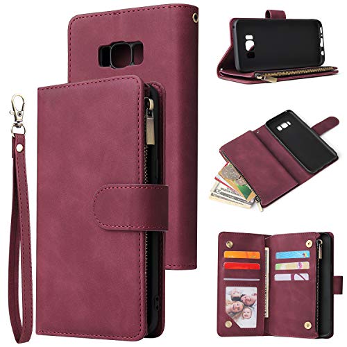 QLTYPRI Case for Samsung Galaxy S8, Large Capacity Leather Wallet Case 6 Card Holder & 1 Zipper Pocket Kickstand Wrist Strap Magnetic Protective Cover for Samsung Galaxy S8 - Red