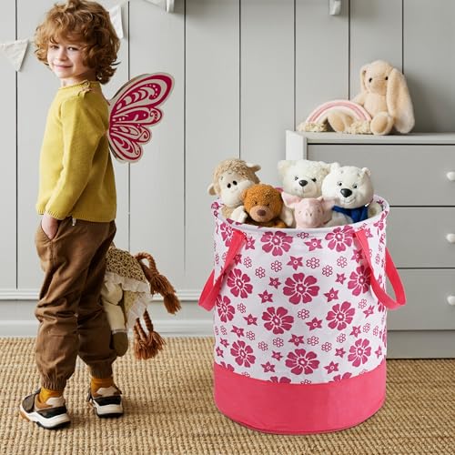 Image of Urbane Home 45L Foldable Dirty Clothes Laundry Basket With Handles For Washing - Baby Unwashed Dress Bin /Storage Box | Floral Print -Pink & White