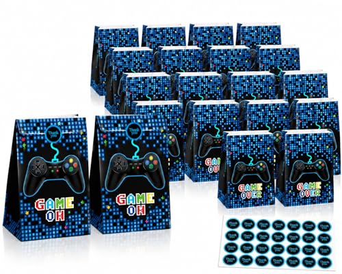 Chrisfall 24 Pack Gamer Party Favor Bags Video Game Supplies Theme Candy Goodie Bag Game on Party Bags with Stickers for Kids Birthday Decorations 8.66 x 5.12 x 3.15 Inches