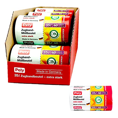 Pely Müllbeutel mit Zugband extra stark - klimafreundlich, Vorteilspack (7 x 40 Beutel) 35 Liter, made in Germany, Entsorgung von Restmüll Cover