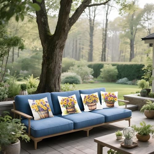 Coussins canapé extérieur imperméable jaune fleuri en lin 35x35 - 4