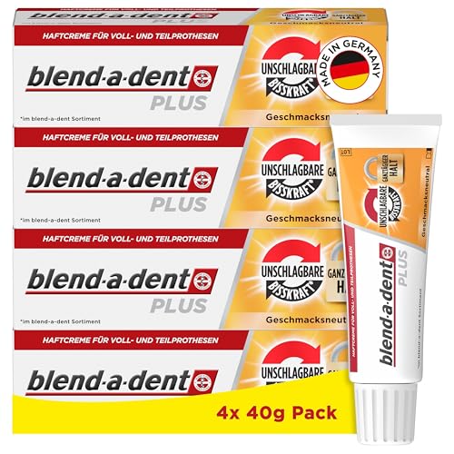 Blend-a-dent Plus Unschlagbare Bisskraft Haftcreme für Voll- und Teilprothesen, Made in Germany, Geschmacksneutral, 4x40g,Weiss