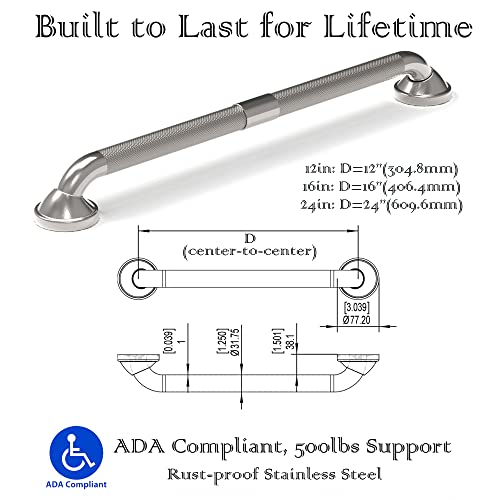 Aquachase 1-1/4 X 16Inch Ada Bath Safety Knurled Grab Bar, Heavy Duty 500Lbs Support, Bathroom Mobility Aid, Stablilization Help For Seniors And Disabled, Rustproof Stainless Steel Brushed Nickel #TOP5