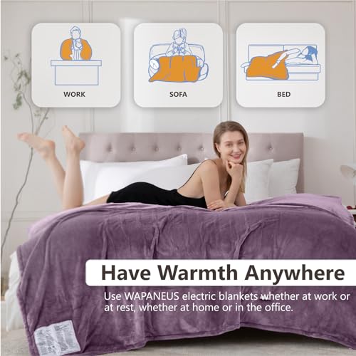 Image of Wapaneus Heated Blanket Electric Blanket 62 inch x 84 inch Twin Size with 10 Heating Levels and 12 Hours time Settings, Flannel Fast-Heating Electric Blanket, ETL Listed, Machine Washable, Purple