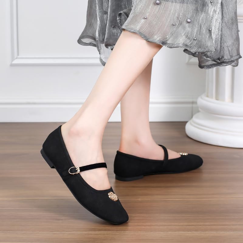 Closed Square Toe Flat Mary Jane Shoes for Women Daily Dress Faux Suede Flats with Gold Flower Womens Casual Soft Walking Office Slip On Ballerina Shoes3