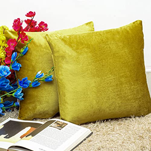 Image of Cazimo Velvet Cushion Covers for Bed, Sofa and Couch - 16 * 16 inches | Ideal for Living Room | Set of 2, Yellow