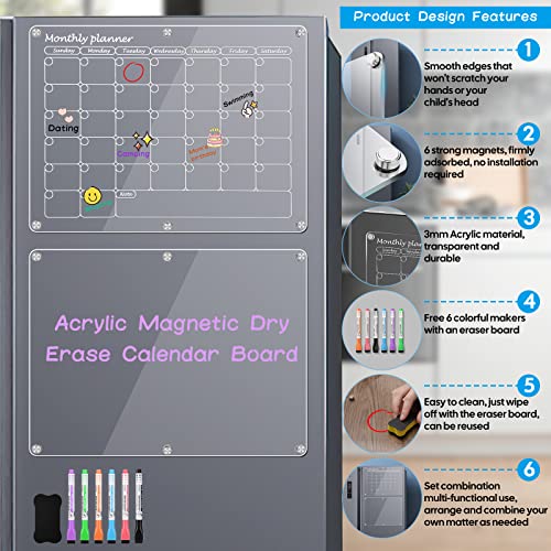 Bestmal Magnetic Dry Erase Board For Fridge, Acrylic Dry Erase Calendar For Refrigerator, 16"X12" Clear Set Of 2 Reusable Calendar Whiteboard And Monthly Planner, 6 Markers & 1 Eraser #TOP1