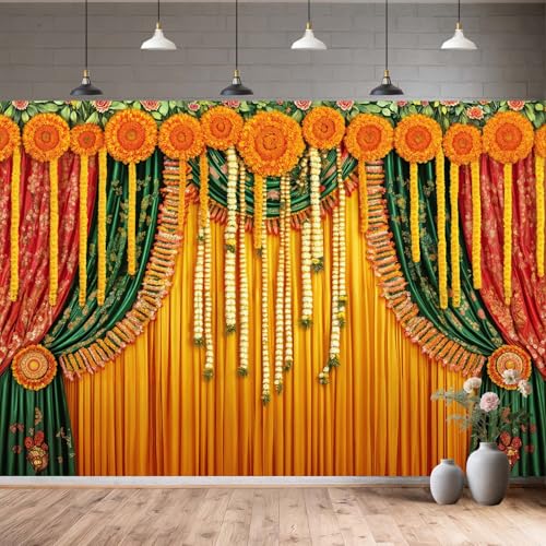 Image of 7X5ft Indian Pooja Backdrop Traditional Diwali Puja Ganpati Background Marigold Garland Drape for Wedding Party Religious Festival Decor Photo Booth Studio Props