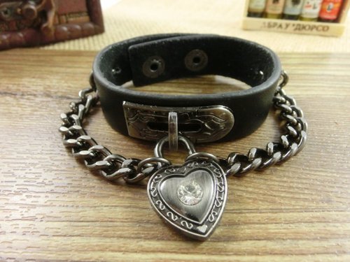 Bystar Unisex Retro Punk Rock Multi Circle Rivet I Love You Heart Pendant Chain Genuine Leather Creative Wrap Bracelet For Men & Women (Black) #TOP4