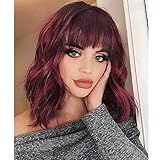 Short Curly Wine Red Wigs with Bangs, Natural Look Cool Short Wavy Wigs Comfortable Wearing High...