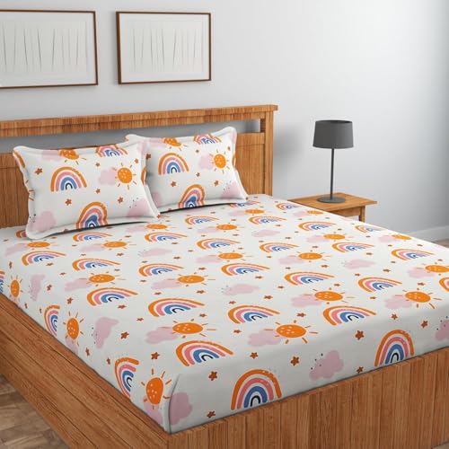 Image of RD FABS Glace Cotton Wrinkle Free Soft Hypoallergenic Double Bed King Size Bedsheet with 2 Pillow Covers, Cartoon Printed for Kids Room Boys Girls, 90x95 Inches, Multi Rainbow, 144 TC, 3 Pieces