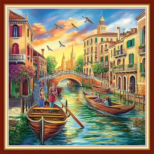 Image of Joyhoor Cross Stitch Kits for Beginners Stamped Cross-Stitch Supplies Needlework preprint Embroidery Kits for Adults DIY Needlepoint Kits Embroidery Patterns 11CT-Waterfront City 18x18 inchs