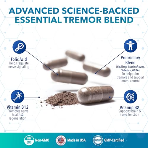 Image of Tremanol Natural Aid Essential Tremor Relief Herbal Supplement for Neurological Support - Includes Vitamin B2 & B12, Passionflower & Skullcap for Hand Tremor Aids - Made in USA, 60 Caps