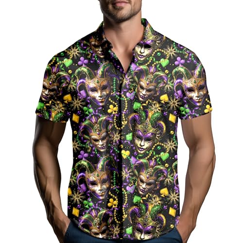 Mardi Gras Shirts for Men Short Sleeve,Funny Hawaiian Shirt for Men Mardi Gras Outfit for Men