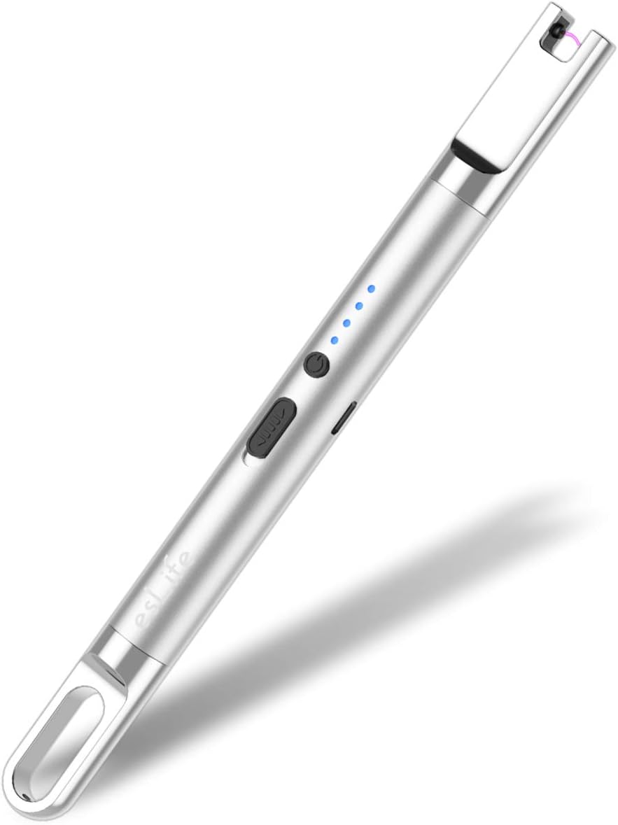 Candle Lighter, esLife Rechargeable Electric Lighter with Safety Switch, Flameless Portable Windproof Plasma Lighter for Candle Kitchen BBQ (Silver)