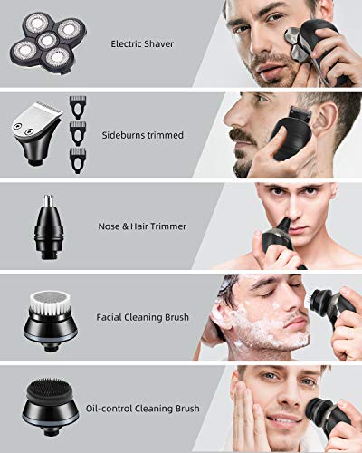 Electric Razors for Men Head Shavers for Bald Men Waterproof 5 in 1 Nose Hair Beard Trimmer Clippers Facial Cleansing Brush Grooming Kit Wet Dry LED Display Charging Rechargeable