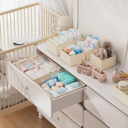 Homsorout 12 Stück Schrank Organizer Schubladen Organizer, Faltbare Aufbewahrungsbox Stoff, Unterwäsche Organizer, Organizer Kleiderschrank für Kleidung, Socken, Beige