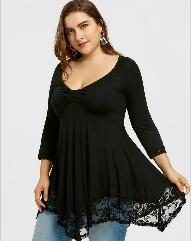 Qingyuan 2022 Summer Euro an and American Amazon Fat Women Plus Size Women's lace Stitching Large ne line Long-Sleeved Women's dr bla 5XL offers donot miss 2 Qingyuan 2022 Summer Euro an and American Amazon Fat Women Plus Size Women's lace Stitching Large ne line Long-Sleeved Women's dr bla 5XL offers donot miss