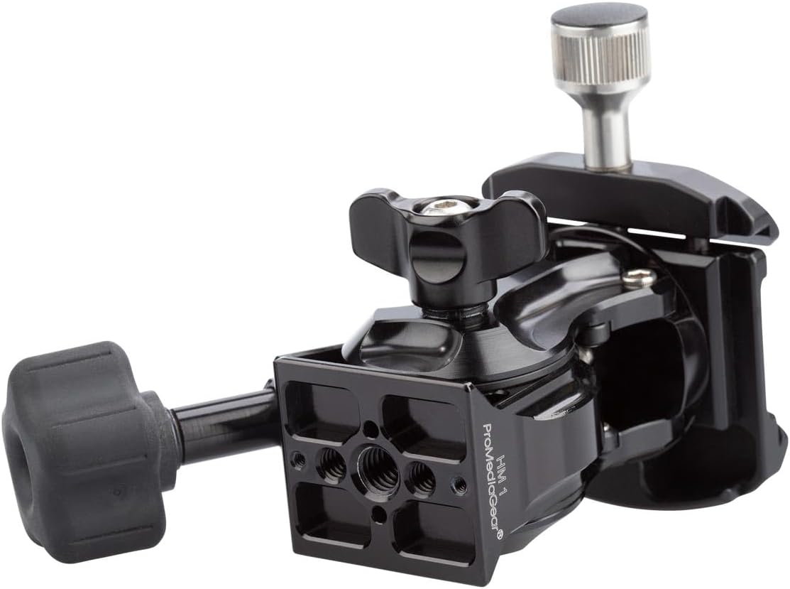 HM1 ProMediaGear Tilt Head 1-axis Arca Swiss Type Compatible Base for mounts and Top Clamp for Monopod Tripod Smooth Lightweight T6061 Aluminum Black Anodized Friction and Lock Knobs