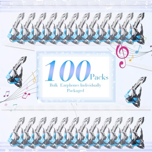 Image of Kanayu 100 Pack Wired Earbuds Bulk for Classroom, 3.5MM No Mic,Blue