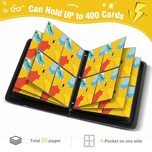 T Tersely 4 Pocket Card Album Waterproof, 400 Pockets Double Sided Card Binder with Zipper, PU Cover Portable Trading Card Collector Folder Case for MTG TCG Sports Game Cards (Yellow)