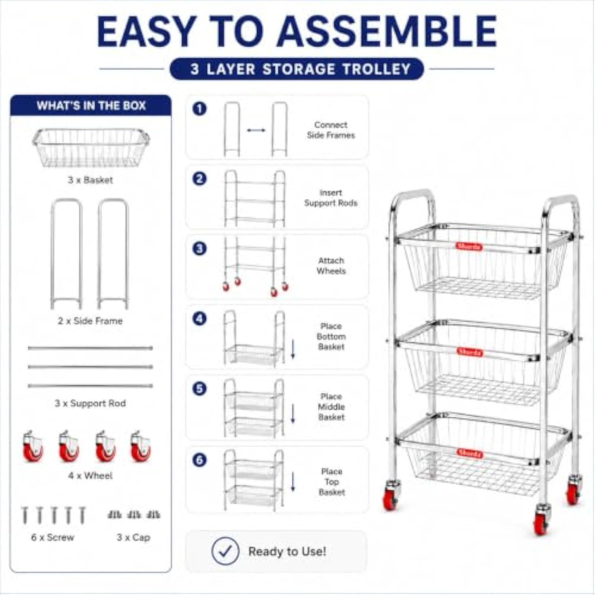 Stainless Steel Kitchen Storage Trolley with Wheels